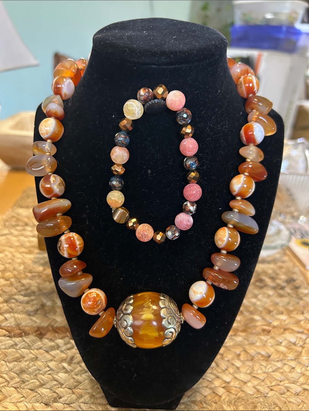 Brown and Gold Agate Bead Necklace with Matching Bracelet